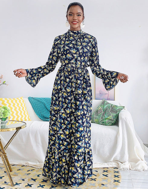 Flared Sleeve Abaya with Waist Tie Kaftan Dress